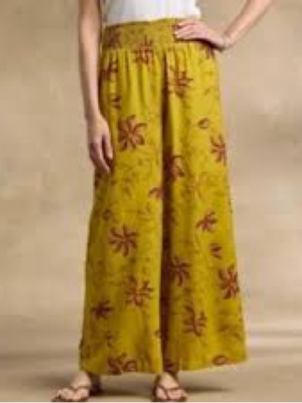 Sundance Himari floral wide-leg smocked waistband Mustard Palazzo Pants Sz XS